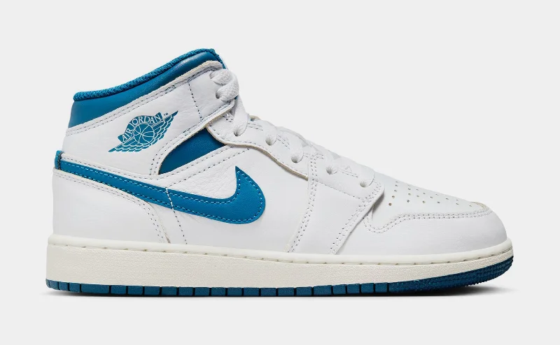 Air Jordan 1 Mid SE Industrial Blue Grade School Lifestyle Shoes (White/Sail/Industrial Blue)