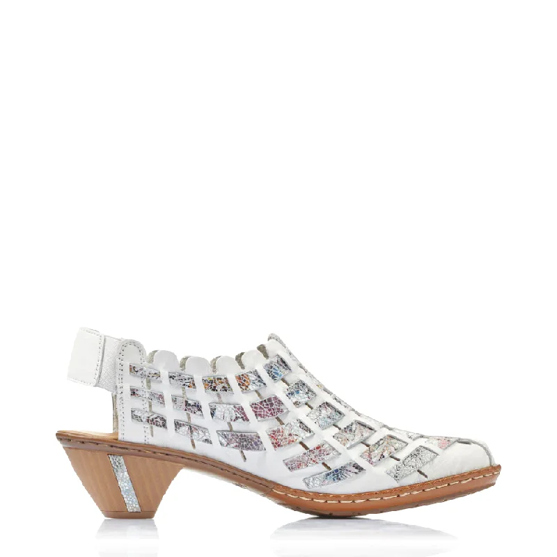 Rieker Women's Sina 78 Woven Heeled Sling (White Multi)